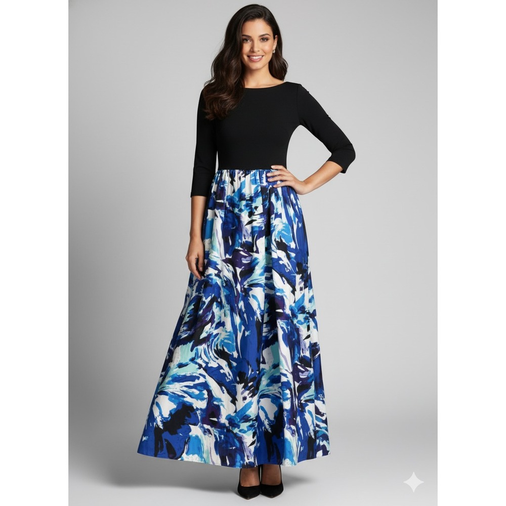 NWT Aidan Mattox Gown Size 8 Blue Watercolor 3/4 Sleeve Dress $440 MSRP Formal